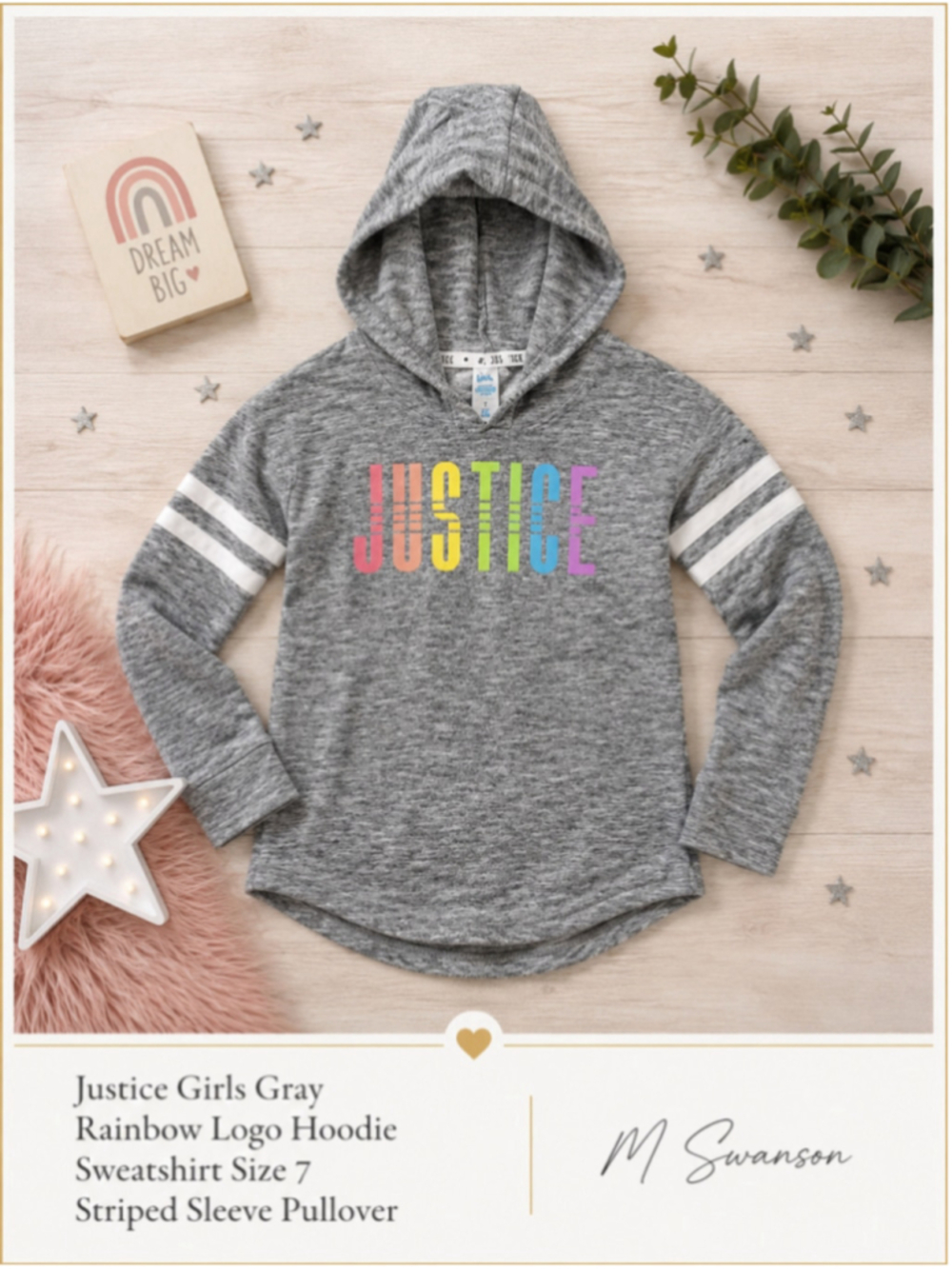 Justice Girls Gray Rainbow Logo Hoodie Sweatshirt Size 7